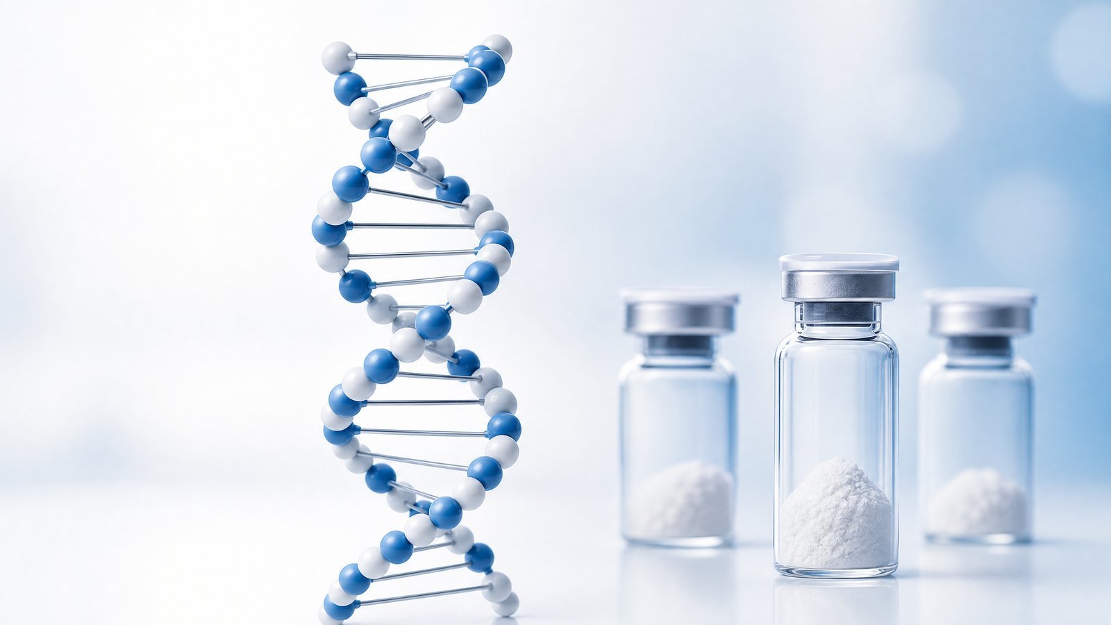 Viale z raziskovalnimi peptidi in vijačnica DNA v laboratorijskem okolju