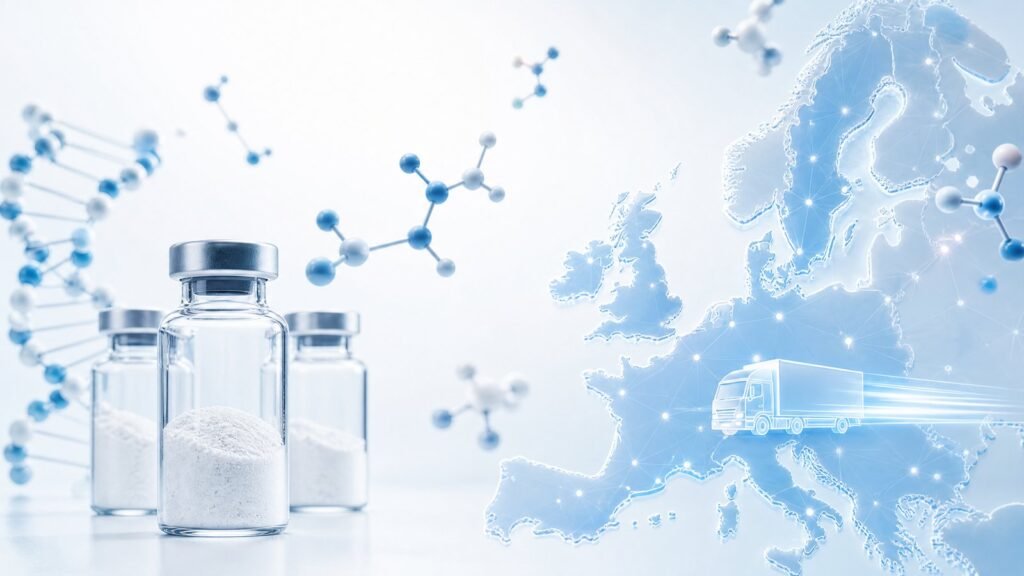Buying research peptides in Europe with map and laboratory vials